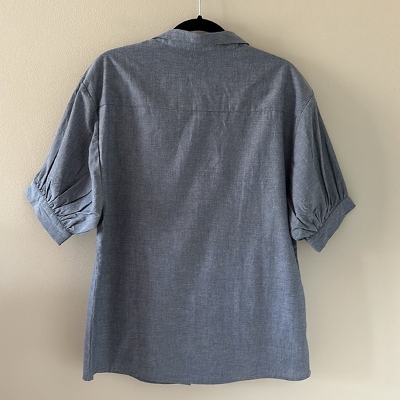 Fitzroy & Willa Blue Cotton Short Puff Sleeve Button Down Top Small Preppy Chic - Picture 2 of 6